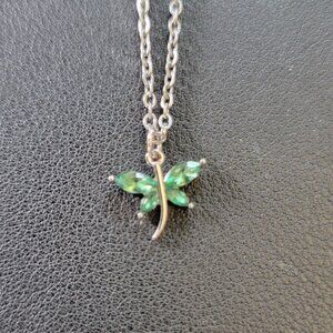 Dragonfly 18" Stainless Silver Necklace Emerald Green